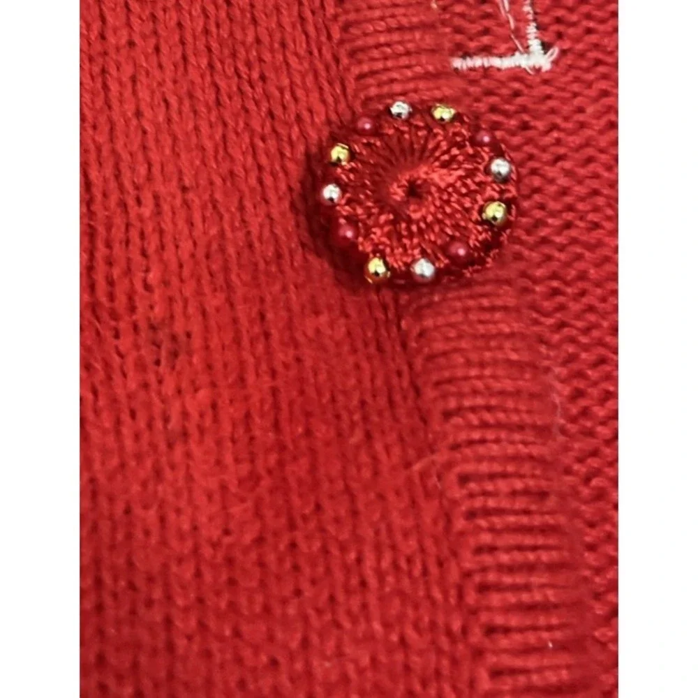 Red Women M Cardigan Christmas Sweater Embroidered Beaded Appliqué And Presents‎